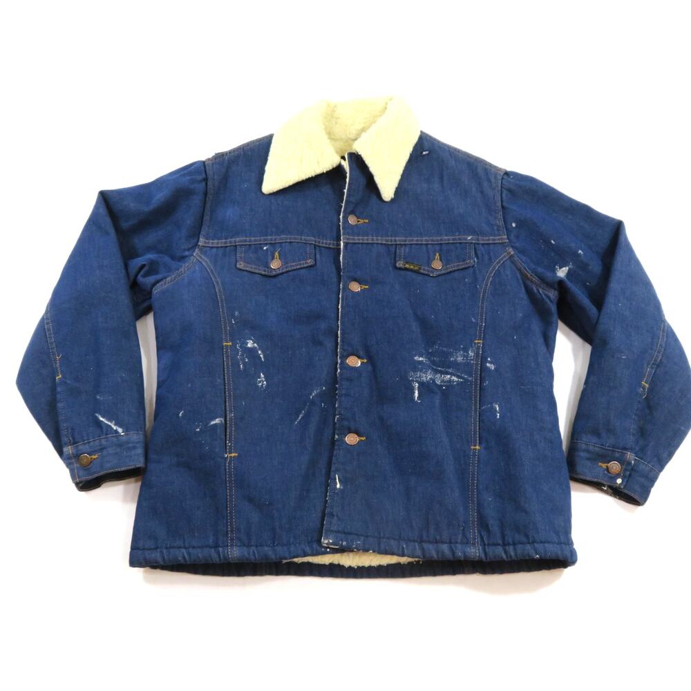 Sears Roebucks Sherpa Denim Jacket Chore Dark Blue Western Ranch Sz 46R 1970s
